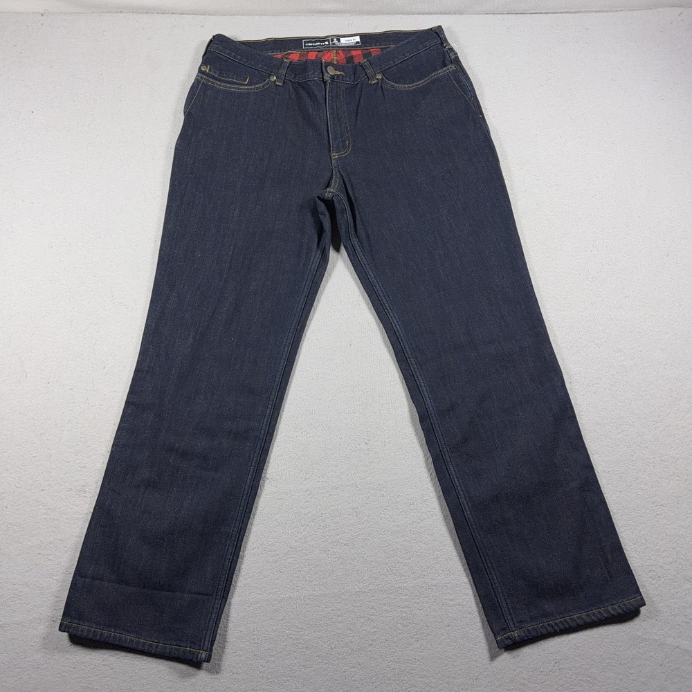 Carhartt Jeans Womens 16 Short Blue Flannel Lined Loose Fit Straight Denim Pants